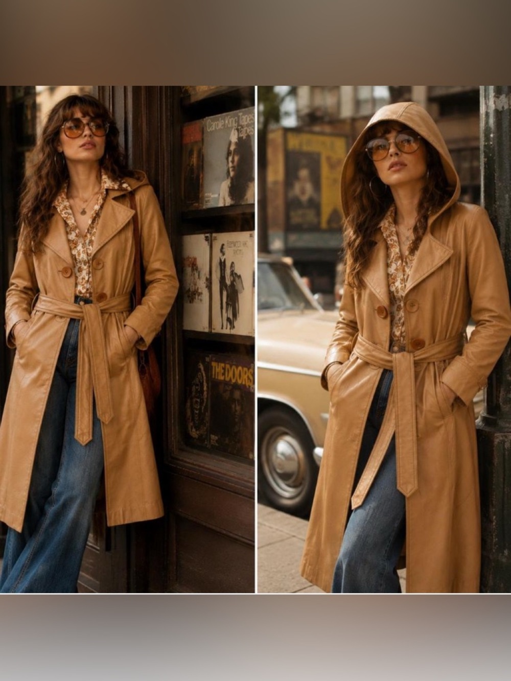 Vintage authentic 1970s era hippie Woodstock leather trench wi hood sz XS or S